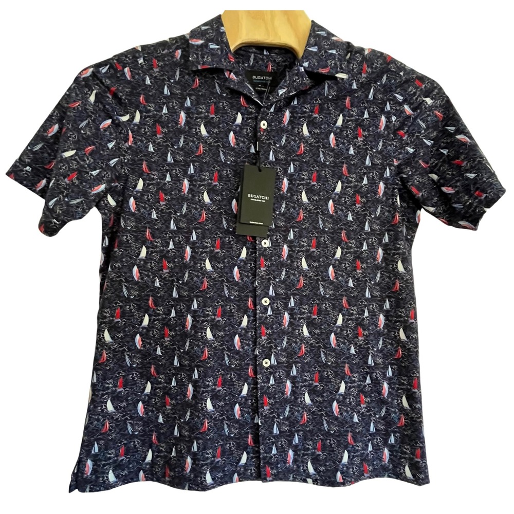 Bugatchi Button Down Mens Size M Navy New Sailboat OoohCotton Tech Stretch Shirt